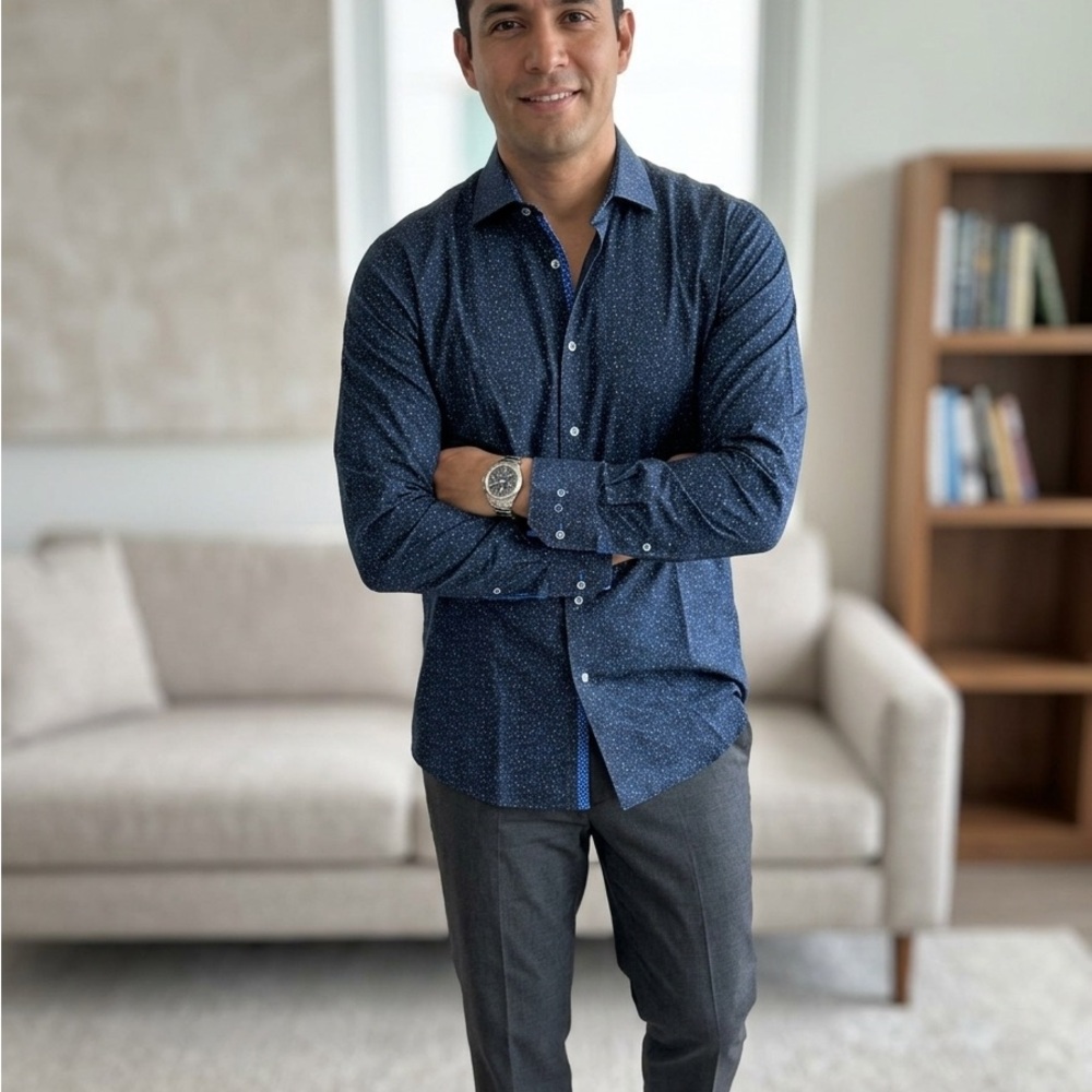 Classic Navy Micro-Print Casual Button-Down Shirt